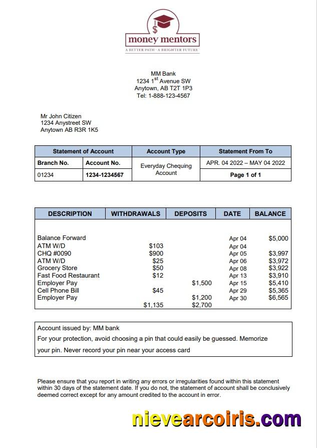 Canada MM Bank Statement